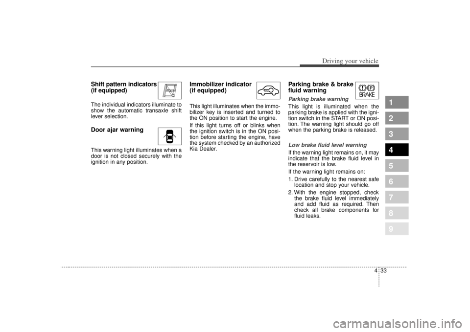 KIA Spectra 2009 2.G Owners Manual 433
1
2
3
4
5
6
7
8
9
Driving your vehicle
Shift pattern indicators
(if equipped)The individual indicators illuminate to
show the automatic transaxle shift
lever selection.Door ajar warningThis warnin