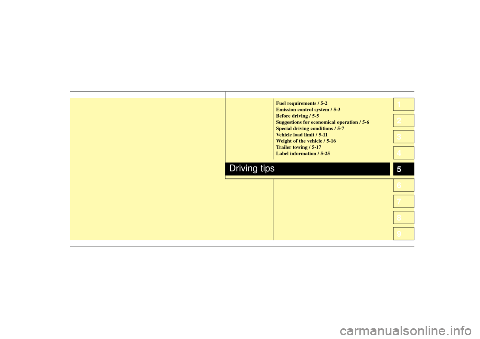 KIA Spectra 2009 2.G Owners Manual 1
2
3
4
5
6
7
8
91
2
3
4
5
6
7
8
9
Fuel requirements / 5-2
Emission control system / 5-3
Before driving / 5-5
Suggestions for economical operation / 5-6
Special driving conditions / 5-7
Vehicle load l