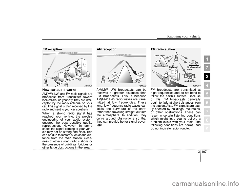 KIA Sportage 2009 JE_ / 2.G Owners Manual How car audio worksAM(MW, LW) and FM radio signals are
broadcast from transmitter towers
located around your city. They are inter-
cepted by the radio antenna on your
car. This signal is then received KIA Sportage 2009 JE_ / 2.G Owners Manual How car audio worksAM(MW, LW) and FM radio signals are
broadcast from transmitter towers
located around your city. They are inter-
cepted by the radio antenna on your
car. This signal is then received