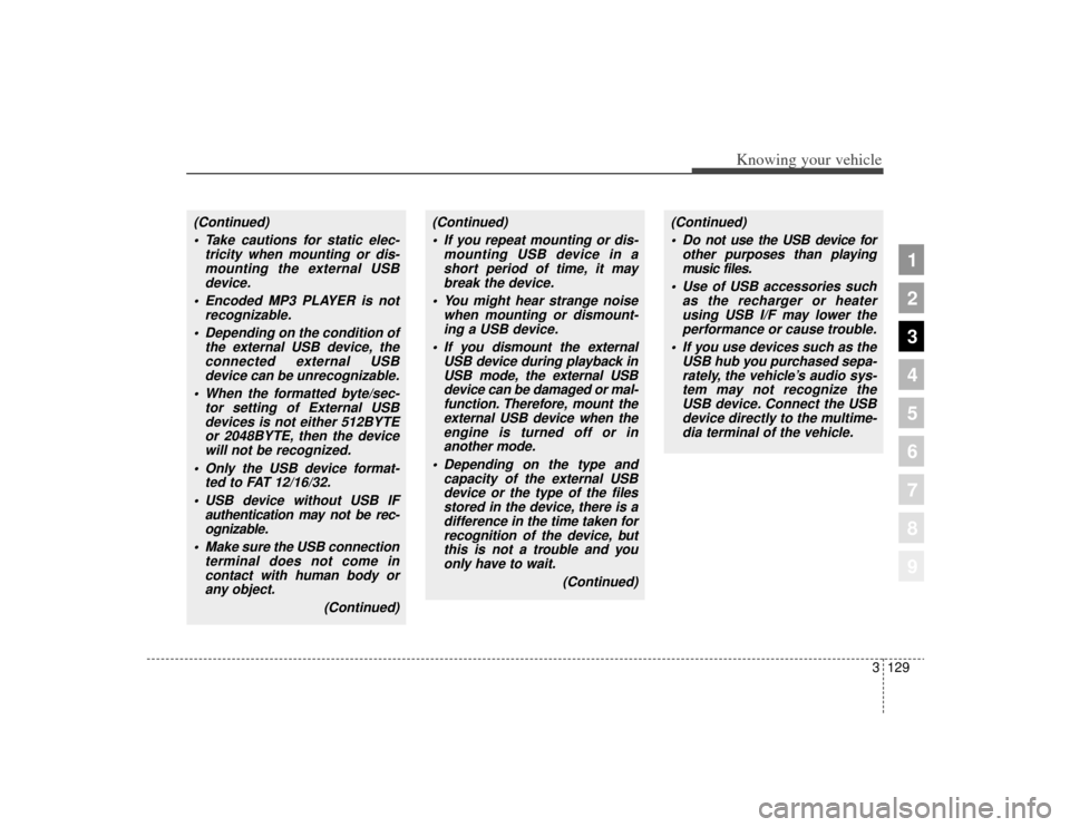 KIA Sportage 2009 JE_ / 2.G Owners Manual 3129
Knowing your vehicle
1
2
3
4
5
6
7
8
9
(Continued) Take cautions for static elec- tricity when mounting or dis-mounting the external USBdevice.
Encoded MP3 PLAYER is not recognizable.
Depending KIA Sportage 2009 JE_ / 2.G Owners Manual 3129
Knowing your vehicle
1
2
3
4
5
6
7
8
9
(Continued) Take cautions for static elec- tricity when mounting or dis-mounting the external USBdevice.
Encoded MP3 PLAYER is not recognizable.
Depending