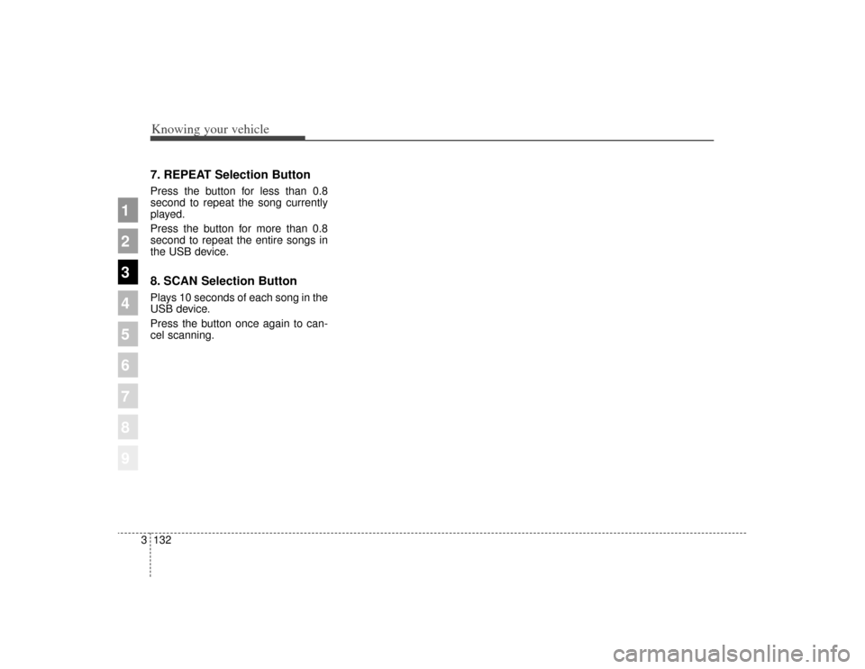 KIA Sportage 2009 JE_ / 2.G Owners Manual Knowing your vehicle132
3
1
2
3
4
5
6
7
8
9
7. REPEAT Selection ButtonPress the button for less than 0.8
second to repeat the song currently
played.
Press the button for more than 0.8
second to repeat KIA Sportage 2009 JE_ / 2.G Owners Manual Knowing your vehicle132
3
1
2
3
4
5
6
7
8
9
7. REPEAT Selection ButtonPress the button for less than 0.8
second to repeat the song currently
played.
Press the button for more than 0.8
second to repeat