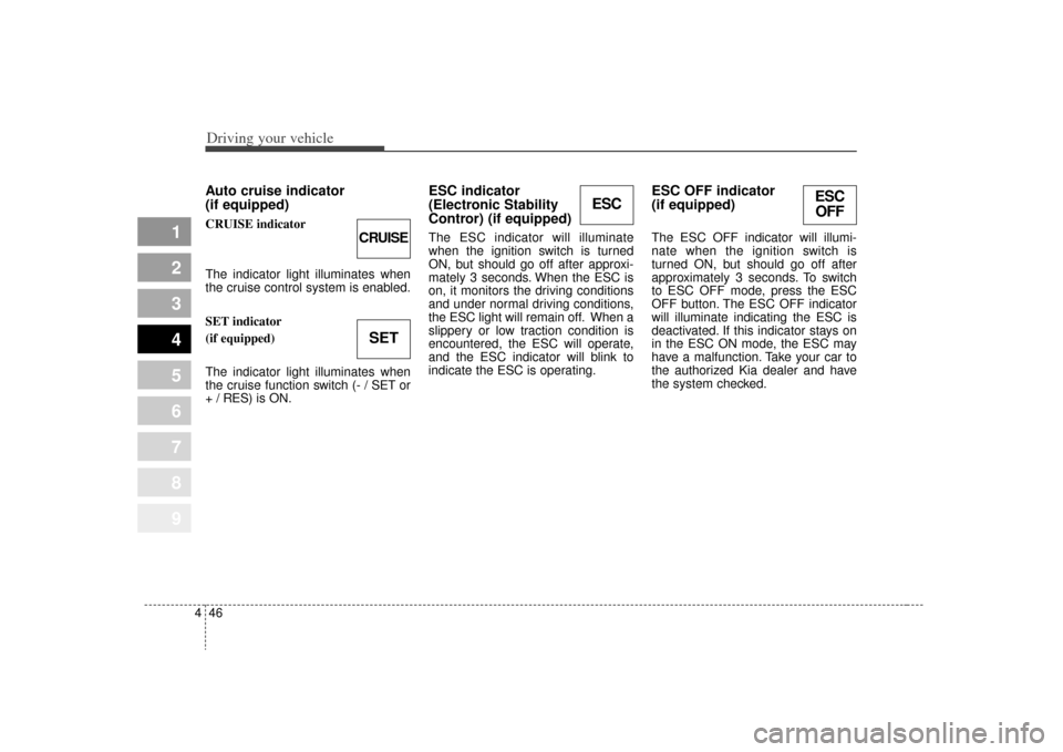 KIA Sportage 2009 JE_ / 2.G Owners Manual Driving your vehicle46
4
1
2
3
4
5
6
7
8
9
Auto cruise indicator
(if equipped)CRUISE indicator
The indicator light illuminates when
the cruise control system is enabled.
SET indicator
(if equipped)
Th