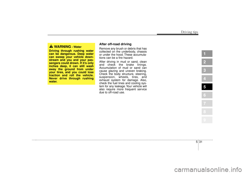 KIA Sportage 2009 JE_ / 2.G User Guide 531
Driving tips
1
2
3
4
5
6
7
8
9
After off-road drivingRemove any brush or debris that has
collected on the underbody, chassis
or under the hood. These accumula-
tions can be a fire hazard.
After dr