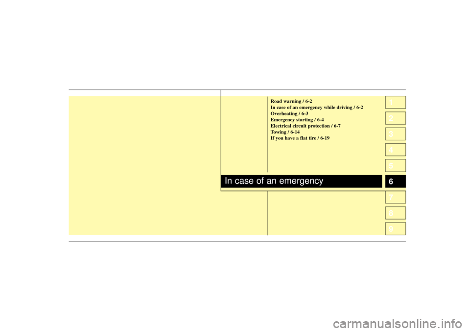 KIA Sportage 2009 JE_ / 2.G Owners Manual 1
2
3
4
5
6
7
8
9
Road warning / 6-2
In case of an emergency while driving / 6-2
Overheating / 6-3
Emergency starting / 6-4
Electrical circuit protection / 6-7
Towing / 6-14
If you have a flat tire / KIA Sportage 2009 JE_ / 2.G Owners Manual 1
2
3
4
5
6
7
8
9
Road warning / 6-2
In case of an emergency while driving / 6-2
Overheating / 6-3
Emergency starting / 6-4
Electrical circuit protection / 6-7
Towing / 6-14
If you have a flat tire /