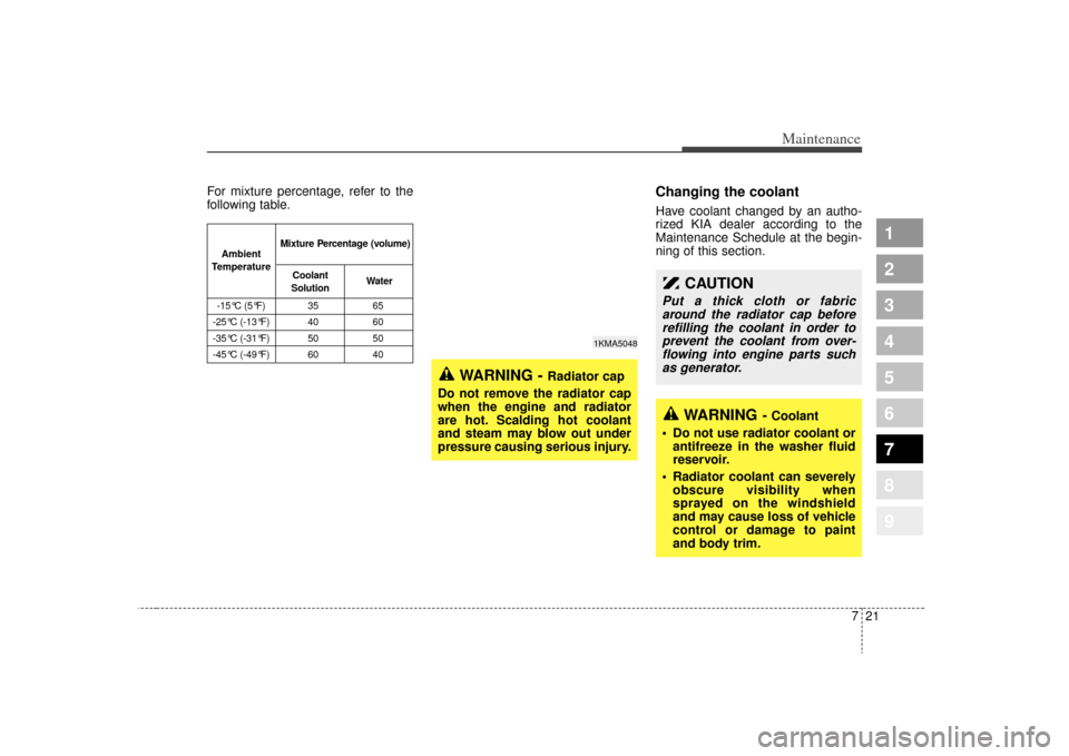 KIA Sportage 2009 JE_ / 2.G Owners Manual 721
Maintenance
1
2
3
4
5
6
7
8
9
For mixture percentage, refer to the
following table.
Changing the coolantHave coolant changed by an autho-
rized KIA dealer according to the
Maintenance Schedule at KIA Sportage 2009 JE_ / 2.G Owners Manual 721
Maintenance
1
2
3
4
5
6
7
8
9
For mixture percentage, refer to the
following table.
Changing the coolantHave coolant changed by an autho-
rized KIA dealer according to the
Maintenance Schedule at