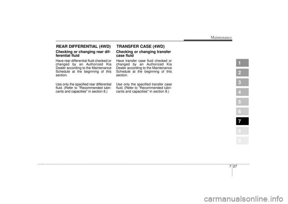 KIA Sportage 2009 JE_ / 2.G Owners Manual 727
Maintenance
1
2
3
4
5
6
7
8
9
Checking or changing rear dif-
ferential fluidHave rear differential fluid checked or
changed by an Authorized Kia
Dealer according to the Maintenance
Schedule at the KIA Sportage 2009 JE_ / 2.G Owners Manual 727
Maintenance
1
2
3
4
5
6
7
8
9
Checking or changing rear dif-
ferential fluidHave rear differential fluid checked or
changed by an Authorized Kia
Dealer according to the Maintenance
Schedule at the