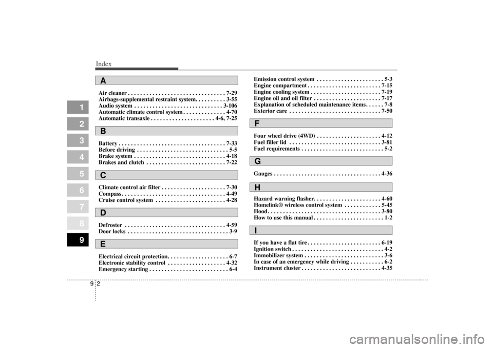 KIA Sportage 2009 JE_ / 2.G Owners Manual Index29
1
2
3
4
5
6
7
8
9
Air cleaner . . . . . . . . . . . . . . . . . . . . . . . . . . . . . . . . 7-29
Airbags-supplemental restraint system. . . . . . . . . . 3-55
Audio system . . . . . . . . . 