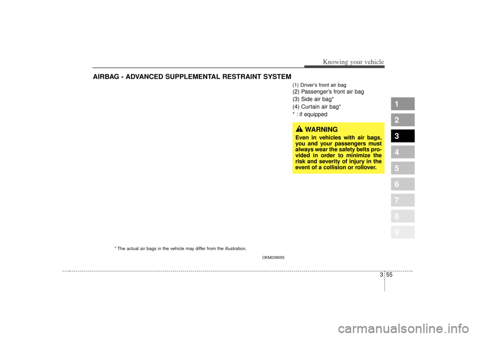 KIA Sportage 2009 JE_ / 2.G Repair Manual 355
Knowing your vehicle
1
2
3
4
5
6
7
8
9
(1) Driver’s front air bag(2) Passenger’s front air bag
(3) Side air bag*
(4) Curtain air bag*
* : if equipped
AIRBAG - ADVANCED SUPPLEMENTAL RESTRAINT S KIA Sportage 2009 JE_ / 2.G Repair Manual 355
Knowing your vehicle
1
2
3
4
5
6
7
8
9
(1) Driver’s front air bag(2) Passenger’s front air bag
(3) Side air bag*
(4) Curtain air bag*
* : if equipped
AIRBAG - ADVANCED SUPPLEMENTAL RESTRAINT S