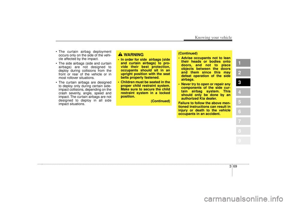 KIA Sportage 2009 JE_ / 2.G Manual PDF 369
1
2
3
4
5
6
7
8
9
Knowing your vehicle
The curtain airbag deploymentoccurs only on the side of the vehi-
cle affected by the impact.
The side airbags (side and curtain airbags) are not designed KIA Sportage 2009 JE_ / 2.G Manual PDF 369
1
2
3
4
5
6
7
8
9
Knowing your vehicle
The curtain airbag deploymentoccurs only on the side of the vehi-
cle affected by the impact.
The side airbags (side and curtain airbags) are not designed