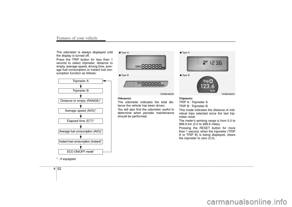 KIA Borrego 2010 1.G Owners Manual Features of your vehicle52
4The odometer is always displayed until
the display is turned off.
Press the TRIP button for less than 1
second to select tripmeter, distance to
empty, average speed, drivin