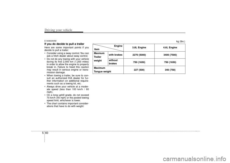 KIA Borrego 2010 1.G Owners Manual Driving your vehicle60
5E140600AHMIf you do decide to pull a trailerHere are some important points if you
decide to pull a trailer:
Consider using a sway control. You can
ask a hitch dealer about swa KIA Borrego 2010 1.G Owners Manual Driving your vehicle60
5E140600AHMIf you do decide to pull a trailerHere are some important points if you
decide to pull a trailer:
Consider using a sway control. You can
ask a hitch dealer about swa