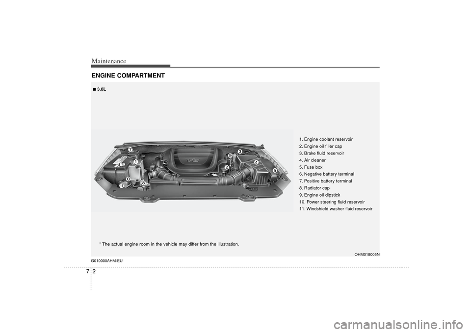 KIA Borrego 2010 1.G User Guide Maintenance27ENGINE COMPARTMENT G010000AHM-EU
OHM018005N
1. Engine coolant reservoir
2. Engine oil filler cap
3. Brake fluid reservoir
4. Air cleaner
5. Fuse box
6. Negative battery terminal
7. Positi