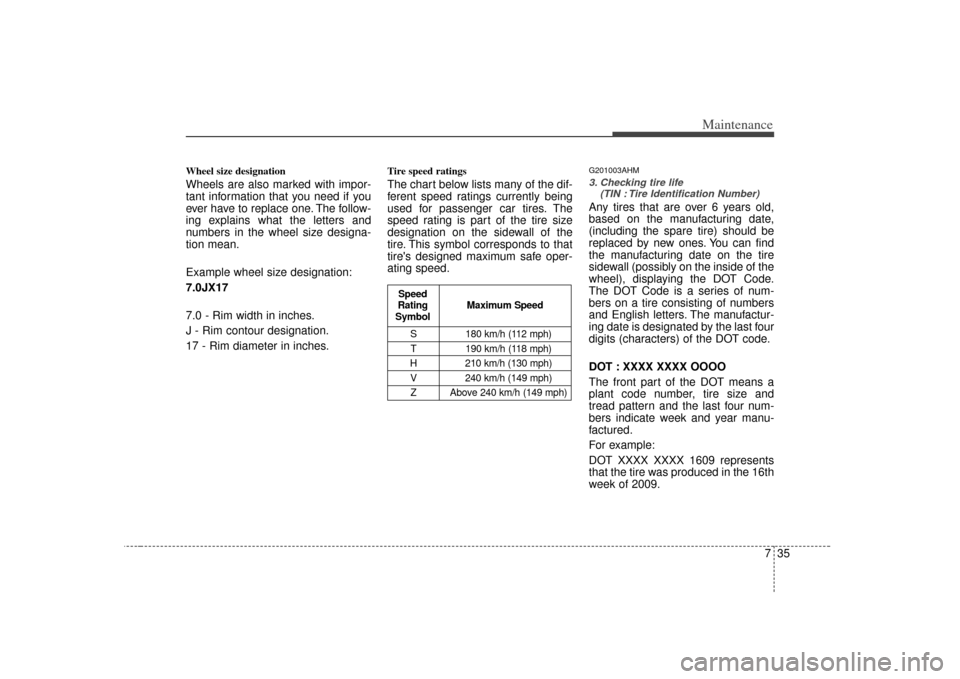 KIA Borrego 2010 1.G Owners Manual 735
Maintenance
Wheel size designation  Wheels are also marked with impor-
tant information that you need if you
ever have to replace one. The follow-
ing explains what the letters and
numbers in the 