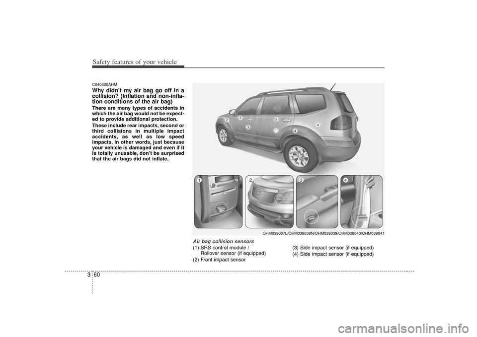 KIA Borrego 2010 1.G Owners Manual Safety features of your vehicle60
3C040800AHMWhy didn’t my air bag go off in a
collision? (Inflation and non-infla-
tion conditions of the air bag)There are many types of accidents in
which the air 