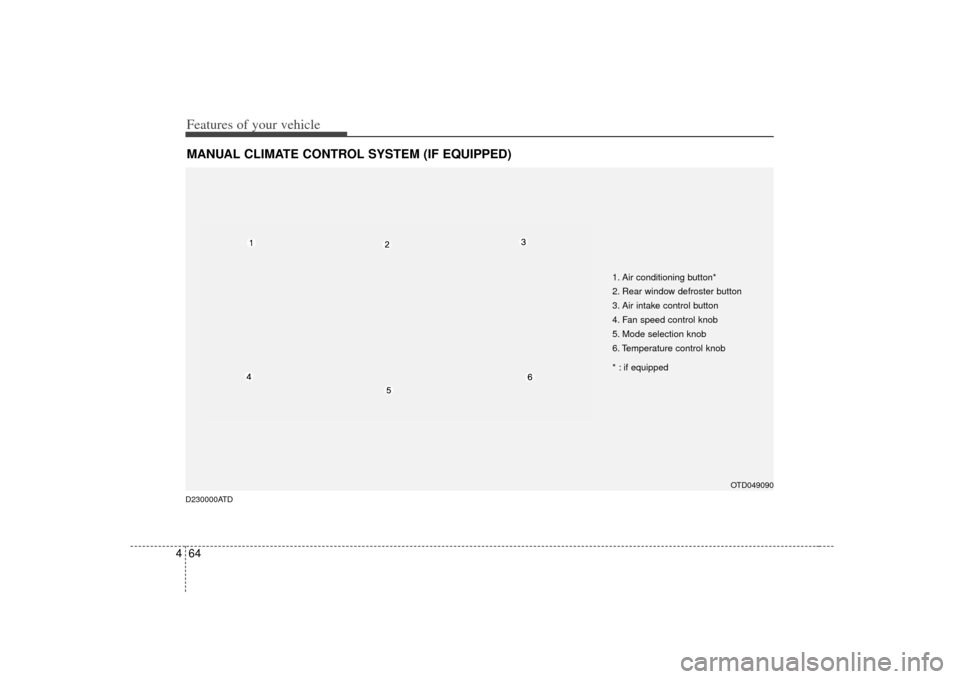 KIA Cerato 2010 1.G Owners Manual Features of your vehicle64
4MANUAL CLIMATE CONTROL SYSTEM (IF EQUIPPED)
OTD049090
D230000ATD
1. Air conditioning button*
2. Rear window defroster button
3. Air intake control button
4. Fan speed contr