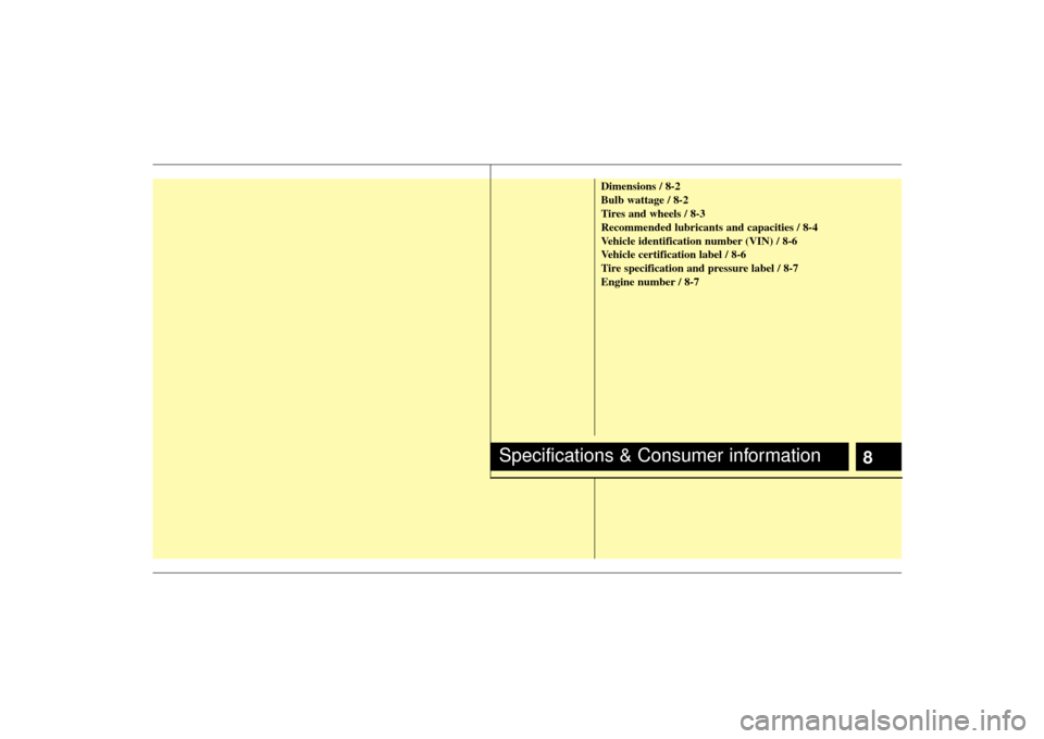 KIA Forte 2010 1.G Owners Manual Dimensions / 8-2
Bulb wattage / 8-2
Tires and wheels / 8-3
Recommended lubricants and capacities / 8-4
Vehicle identification number (VIN) / 8-6
Vehicle certification label / 8-6
Tire specification an