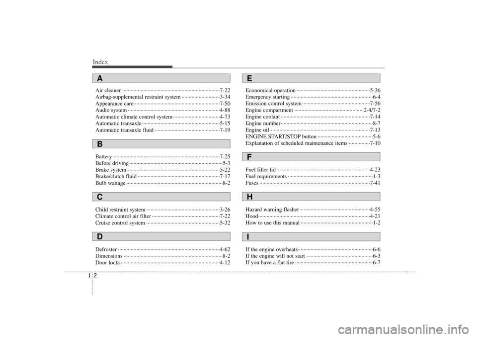 KIA Cerato 2010 1.G Owners Manual Index2I
Air cleaner ··················\
··················\
··················\
···············7-22
Airbag-supplemental restraint s