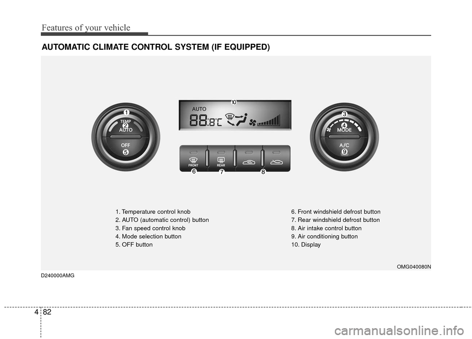 KIA Optima 2010 3.G User Guide Features of your vehicle
82
4
AUTOMATIC CLIMATE CONTROL SYSTEM (IF EQUIPPED)
OMG040080N
1. Temperature control knob
2. AUTO (automatic control) button
3. Fan speed control knob
4. Mode selection butto