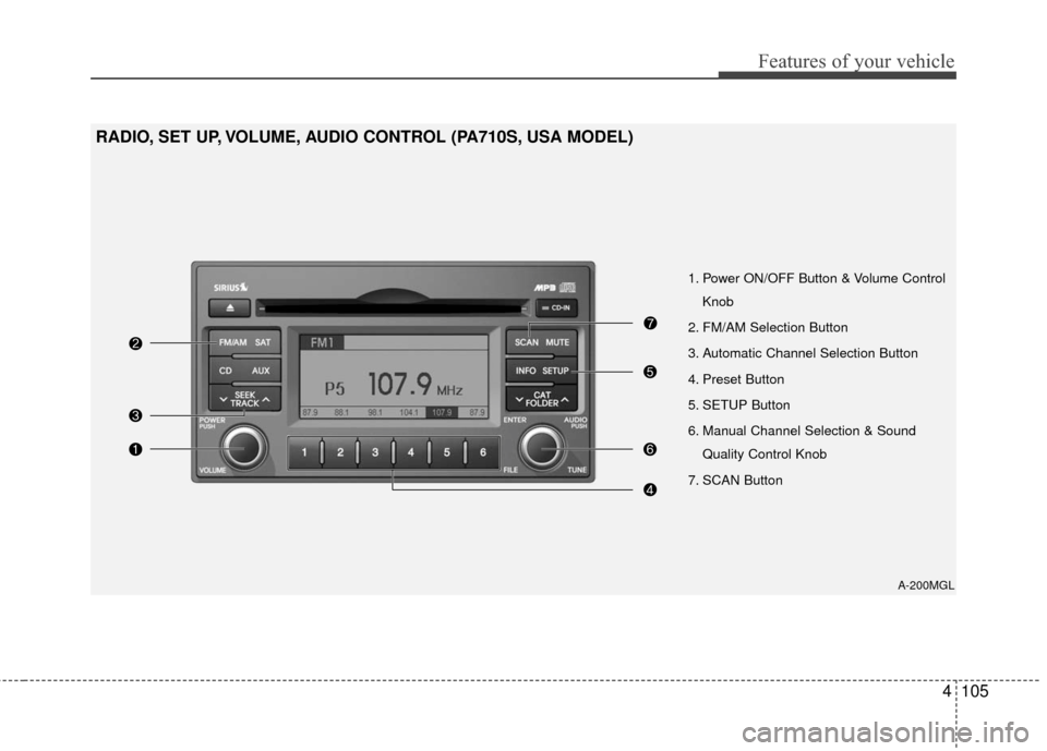 KIA Magnetis 2010 3.G Owners Manual 4105
Features of your vehicle
A-200MGL
1. Power ON/OFF Button & Volume ControlKnob
2. FM/AM Selection Button
3. Automatic Channel Selection Button
4. Preset Button
5. SETUP Button
6. Manual Channel Se KIA Magnetis 2010 3.G Owners Manual 4105
Features of your vehicle
A-200MGL
1. Power ON/OFF Button & Volume ControlKnob
2. FM/AM Selection Button
3. Automatic Channel Selection Button
4. Preset Button
5. SETUP Button
6. Manual Channel Se