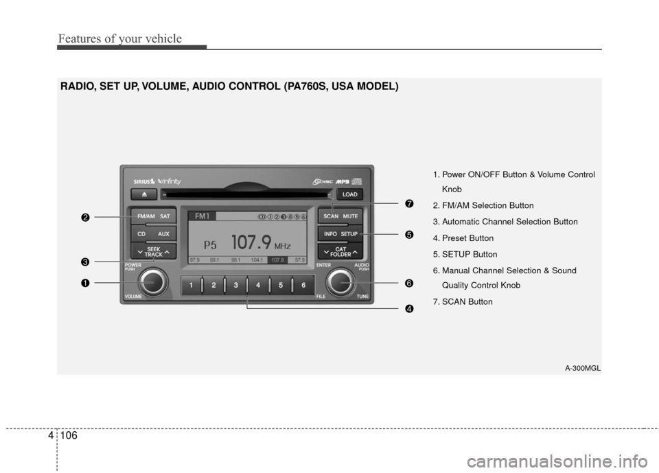 KIA Magnetis 2010 3.G Owners Manual Features of your vehicle
106
4
1. Power ON/OFF Button & Volume Control
Knob
2. FM/AM Selection Button
3. Automatic Channel Selection Button
4. Preset Button
5. SETUP Button
6. Manual Channel Selection KIA Magnetis 2010 3.G Owners Manual Features of your vehicle
106
4
1. Power ON/OFF Button & Volume Control
Knob
2. FM/AM Selection Button
3. Automatic Channel Selection Button
4. Preset Button
5. SETUP Button
6. Manual Channel Selection