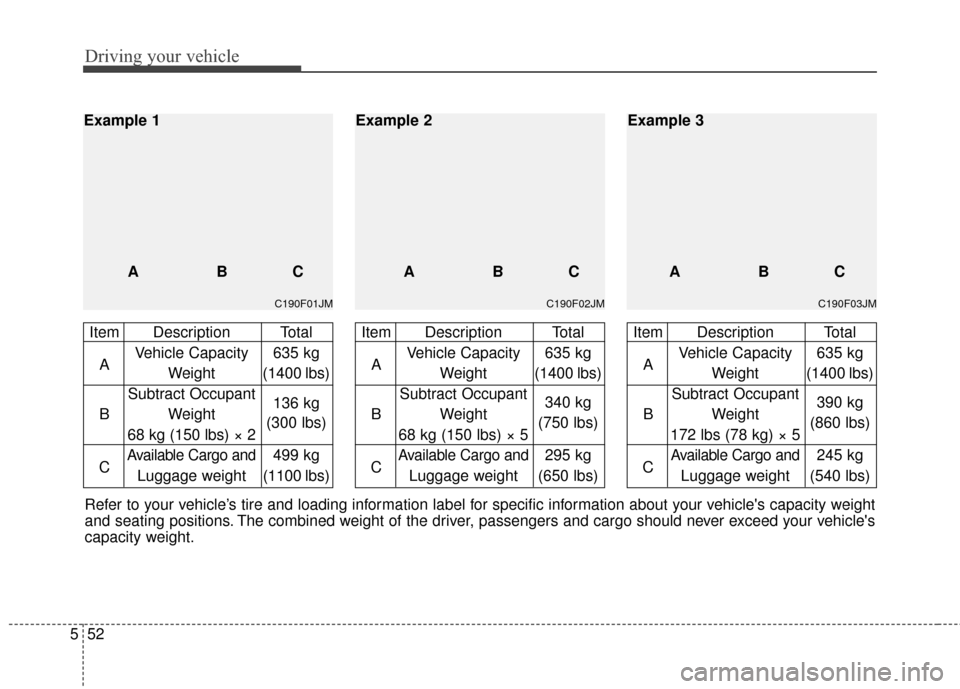 KIA Magnetis 2010 3.G Owners Manual Driving your vehicle
52
5
Refer to your vehicle’s tire and loading information label for specific information about your vehicles capacity weight
and seating positions. The combined weight of the d KIA Magnetis 2010 3.G Owners Manual Driving your vehicle
52
5
Refer to your vehicle’s tire and loading information label for specific information about your vehicles capacity weight
and seating positions. The combined weight of the d