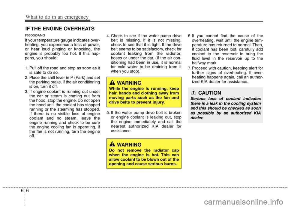 KIA Magnetis 2010 3.G Owners Manual What to do in an emergency
66
IF THE ENGINE OVERHEATS
F050000AMG
If your temperature gauge indicates over-
heating, you experience a loss of power,
or hear loud pinging or knocking, the
engine is prob
