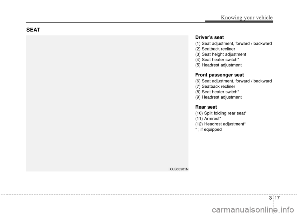 KIA Rio 2010 2.G Owners Manual 317
Knowing your vehicle
Driver’s seat
(1) Seat adjustment, forward / backward
(2) Seatback recliner
(3) Seat height adjustment
(4) Seat heater switch*
(5) Headrest adjustment
Front passenger seat
(