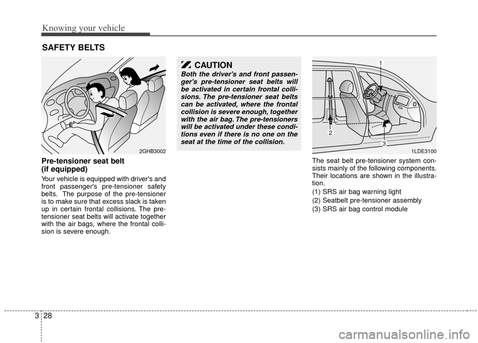 KIA Rio 2010 2.G Owners Guide Knowing your vehicle
28
3
Pre-tensioner seat belt 
(if equipped)
Your vehicle is equipped with drivers and
front passengers pre-tensioner safety
belts. The purpose of the pre-tensioner
is to make su