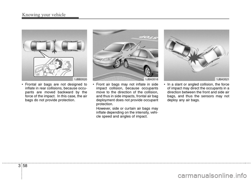KIA Rio 2010 2.G Owners Manual Knowing your vehicle
58
3
Frontal air bags are not designed to
inflate in rear collisions, because occu-
pants are moved backward by the
force of the impact. In this case, the air
bags do not provide KIA Rio 2010 2.G Owners Manual Knowing your vehicle
58
3
Frontal air bags are not designed to
inflate in rear collisions, because occu-
pants are moved backward by the
force of the impact. In this case, the air
bags do not provide