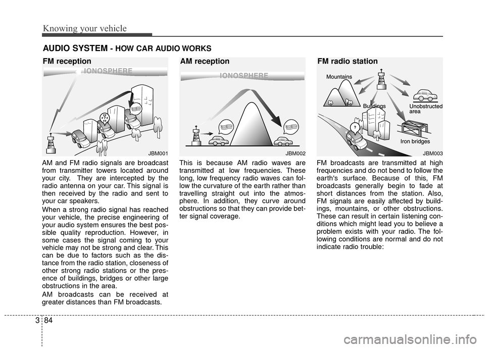 KIA Rio 2010 2.G Owners Manual Knowing your vehicle
84
3
AM and FM radio signals are broadcast
from transmitter towers located around
your city. They are intercepted by the
radio antenna on your car. This signal is
then received by KIA Rio 2010 2.G Owners Manual Knowing your vehicle
84
3
AM and FM radio signals are broadcast
from transmitter towers located around
your city. They are intercepted by the
radio antenna on your car. This signal is
then received by