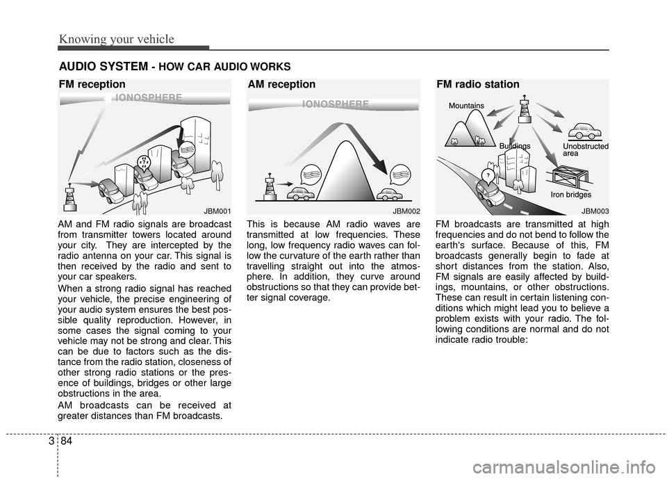 KIA Rio 2010 2.G Owners Manual Knowing your vehicle
84
3
AM and FM radio signals are broadcast
from transmitter towers located around
your city. They are intercepted by the
radio antenna on your car. This signal is
then received by