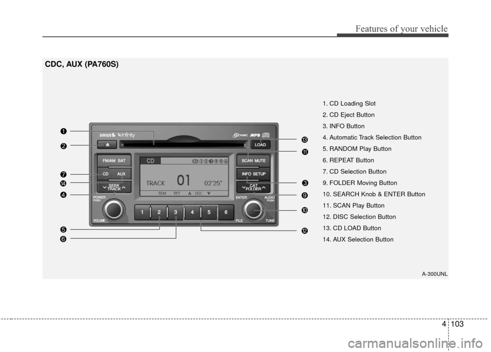 KIA Carens 2010 2.G Owners Manual 4103
Features of your vehicle
CDC, AUX (PA760S)
A-300UNL
1. CD Loading Slot
2. CD Eject Button
3. INFO Button
4. Automatic Track Selection Button
5. RANDOM Play Button
6. REPEAT Button
7. CD Selection