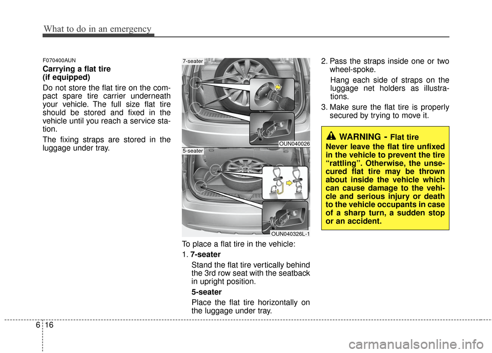 KIA Carens 2010 2.G Owners Manual What to do in an emergency
16
6
F070400AUN
Carrying a flat tire 
(if equipped)
Do not store the flat tire on the com-
pact spare tire carrier underneath
your vehicle. The full size flat tire
should be