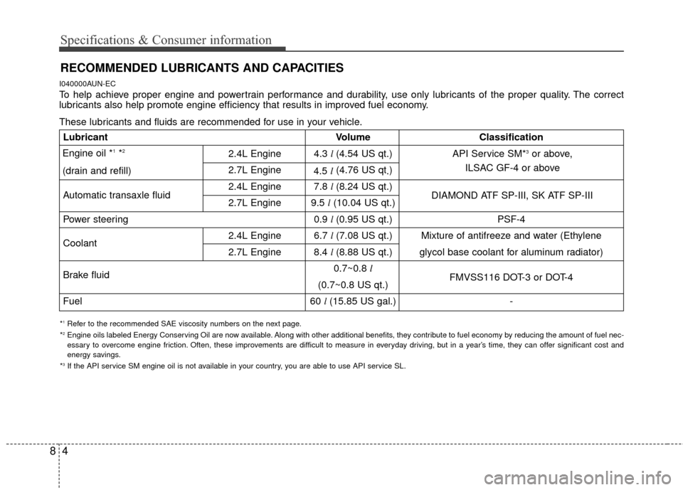 KIA Carens 2010 2.G User Guide Specifications & Consumer information
48
RECOMMENDED LUBRICANTS AND CAPACITIES  
I040000AUN-EC
To help achieve proper engine and powertrain performance and durability, use only lubricants of the prope