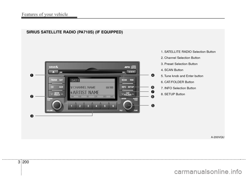 KIA Sedona 2010 2.G Owners Manual Features of your vehicle
200
3
1. SATELLITE RADIO Selection Button
2. Channel Selection Button
3. Preset Selection Button
4. SCAN Butt KIA Sedona 2010 2.G Owners Manual Features of your vehicle
200
3
1. SATELLITE RADIO Selection Button
2. Channel Selection Button
3. Preset Selection Button
4. SCAN Butt