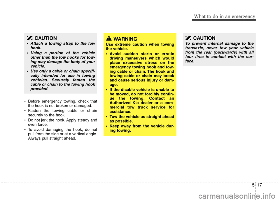 KIA Sedona 2010 2.G Owners Manual 517
What to do in an emergency
Before emergency towing, check thatthe hook is not broken or damaged.
Fasten the towing cable or chain securely to the hook.
Do not jerk the hook. Apply steady and ev KIA Sedona 2010 2.G Owners Manual 517
What to do in an emergency
Before emergency towing, check thatthe hook is not broken or damaged.
Fasten the towing cable or chain securely to the hook.
Do not jerk the hook. Apply steady and ev