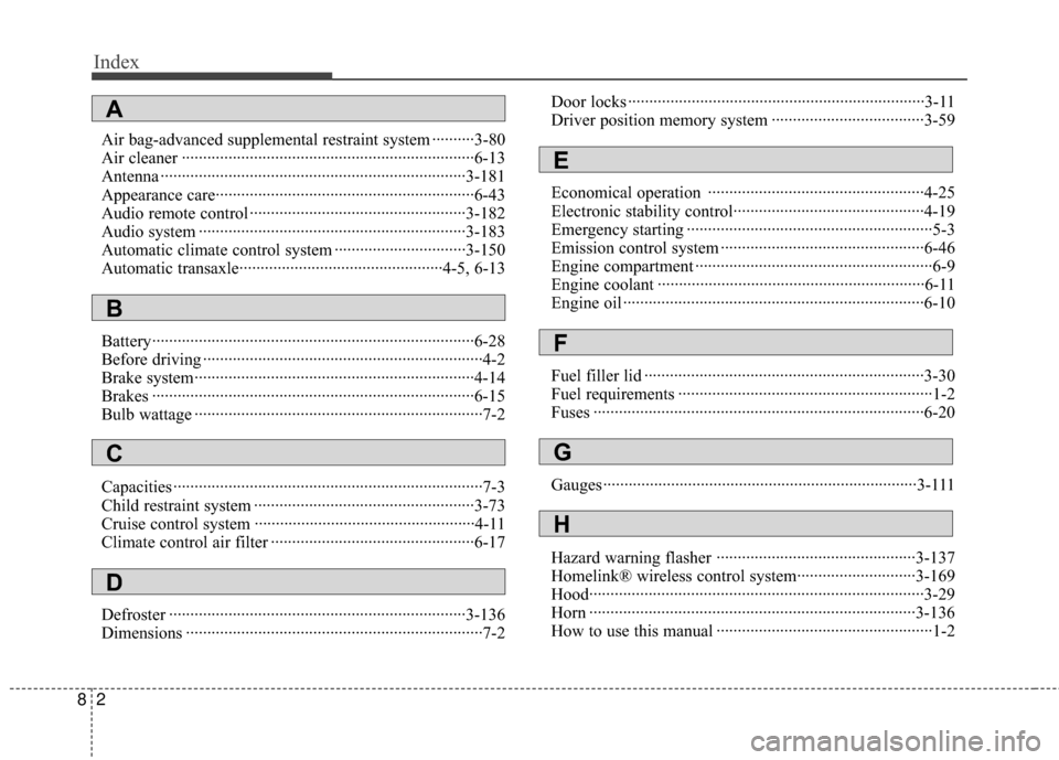 KIA Sedona 2010 2.G Owners Manual Index
28
Air bag-advanced supplemental restraint system ··········3-80
Air cleaner ··················\
··················\
··············· KIA Sedona 2010 2.G Owners Manual Index
28
Air bag-advanced supplemental restraint system ··········3-80
Air cleaner ··················\
··················\
···············Â