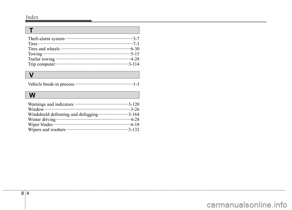 KIA Sedona 2010 2.G Owners Manual Index
48
Theft-alarm system ··················\
··················\
··················\
····3-7
Tires ··················\
·