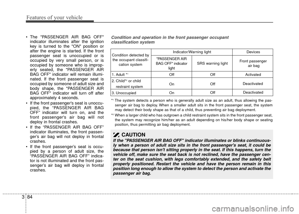 KIA Sedona 2010 2.G Owners Manual Features of your vehicle
84
3
 The "PASSENGER AIR BAG OFF"
indicator illuminates after the ignition
key is turned to the "ON" position or
after the engine is started. If the front
passenger seat is un