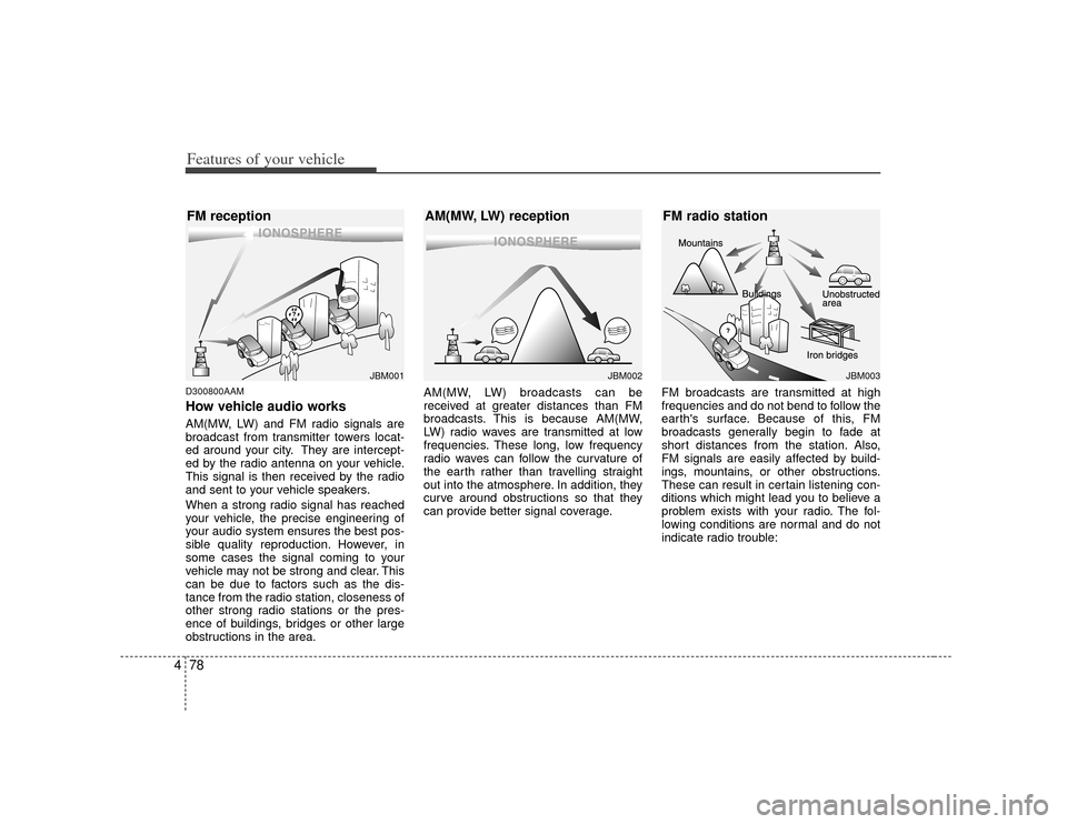 KIA Soul 2010 1.G Owners Manual Features of your vehicle78
4D300800AAMHow vehicle audio worksAM(MW, LW) and FM radio signals are
broadcast from transmitter towers locat-
ed around your city. They are intercept-
ed by the radio anten