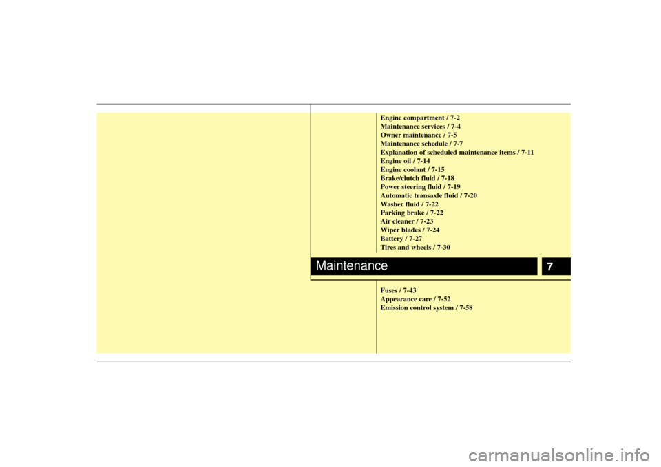 KIA Soul 2010 1.G Owners Manual 7
Engine compartment / 7-2
Maintenance services / 7-4
Owner maintenance / 7-5
Maintenance schedule / 7-7
Explanation of scheduled maintenance items / 7-11
Engine oil / 7-14
Engine coolant / 7-15
Brake