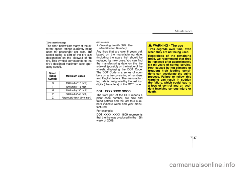 KIA Soul 2010 1.G Owners Manual 737
Maintenance
Tire speed ratings  The chart below lists many of the dif-
ferent speed ratings currently being
used for passenger car tires. The
speed rating is part of the tire size
designation on t