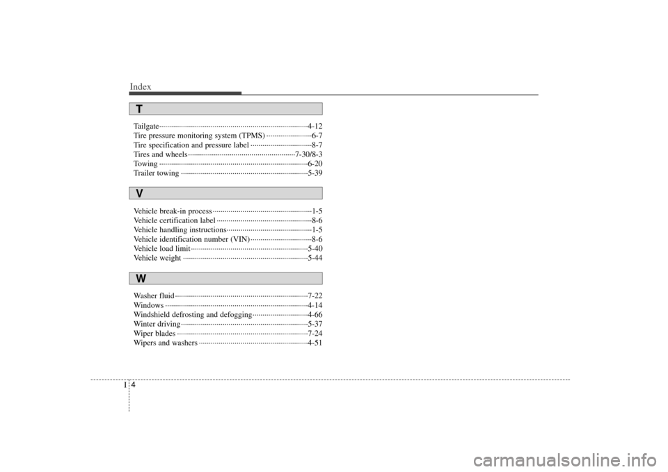 KIA Soul 2010 1.G Owners Manual Index4I
Tailgate··················\
··················\
··················\
··················\
···4-12
Tire pressure monitor