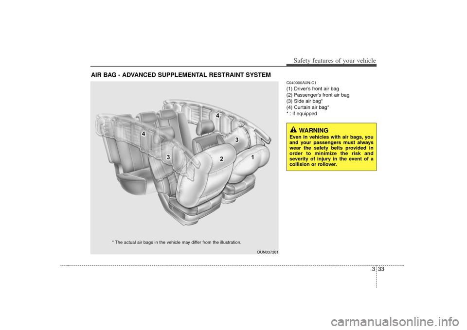 KIA Soul 2010 1.G Service Manual 333
Safety features of your vehicle
C040000AUN-C1(1) Driver’s front air bag
(2) Passenger’s front air bag
(3) Side air bag*
(4) Curtain air bag*
* : if equipped
AIR BAG - ADVANCED SUPPLEMENTAL RES