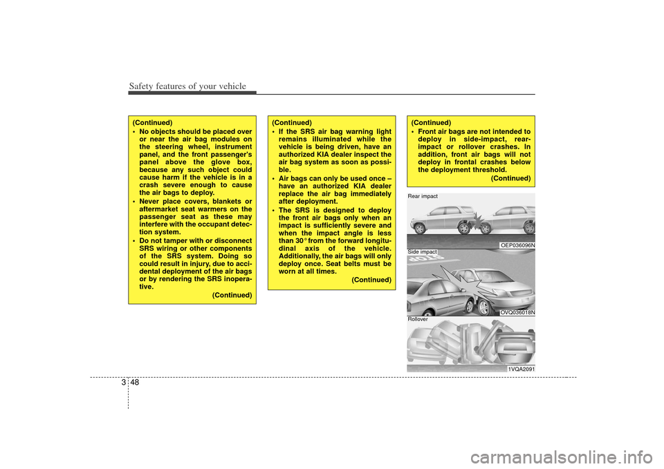 KIA Soul 2010 1.G Owners Manual Safety features of your vehicle48
3
OEP036096NOVQ036018N1VQA2091
Rear impactSide impactRollover
(Continued)
 No objects should be placed over
or near the air bag modules on
the steering wheel, instrum