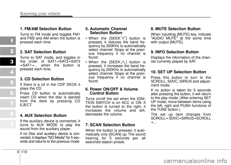 KIA Sportage 2010 SL / 3.G Owners Manual Knowing your vehicle
110
3
1
2
3
4
5
6
7
8
9
1. FM/AM Selection Button
Turns to FM mode and toggles FM1
and FM2 and AM when the button is
pressed each time.
2. SAT Selection Button
Turns to SAT mode, KIA Sportage 2010 SL / 3.G Owners Manual Knowing your vehicle
110
3
1
2
3
4
5
6
7
8
9
1. FM/AM Selection Button
Turns to FM mode and toggles FM1
and FM2 and AM when the button is
pressed each time.
2. SAT Selection Button
Turns to SAT mode,