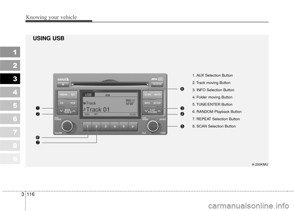 KIA Sportage 2010 SL / 3.G Owners Manual Knowing your vehicle
116
3
1
2
3
4
5
6
7
8
9
1. AUX Selection Button
2. Track moving Button
3. INFO Selection Button
4. Folder moving Button
5. TUNE/ENTER Button
6. RANDOM Playback Button
7. REPEAT Se