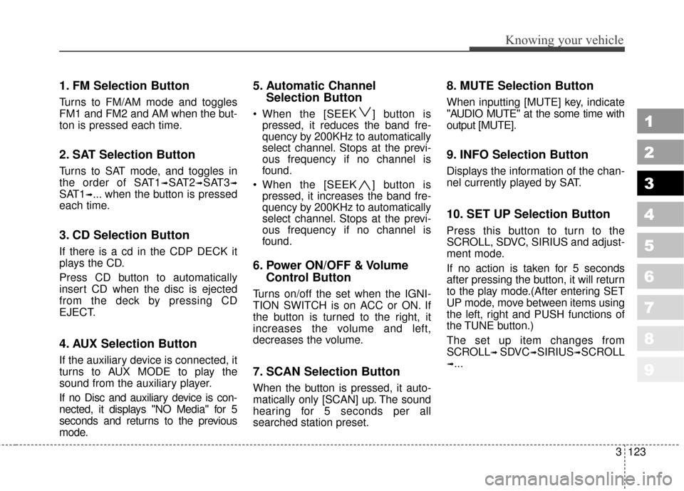 KIA Sportage 2010 SL / 3.G Owners Manual 3123
Knowing your vehicle
1
2
3
4
5
6
7
8
9
1. FM Selection Button
Turns to FM/AM mode and toggles
FM1 and FM2 and AM when the but-
ton is pressed each time.
2. SAT Selection Button
Turns to SAT mode, KIA Sportage 2010 SL / 3.G Owners Manual 3123
Knowing your vehicle
1
2
3
4
5
6
7
8
9
1. FM Selection Button
Turns to FM/AM mode and toggles
FM1 and FM2 and AM when the but-
ton is pressed each time.
2. SAT Selection Button
Turns to SAT mode,