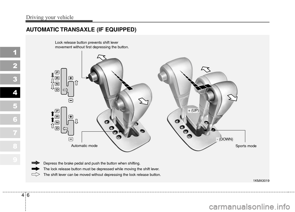 KIA Sportage 2010 SL / 3.G Owners Manual 1
2
3
4
5
6
7
8
9
Driving your vehicle
64
AUTOMATIC TRANSAXLE (IF EQUIPPED)
1KMA3019
The lock release button must be depressed while moving the shift lever. Depress the brake pedal and push the button KIA Sportage 2010 SL / 3.G Owners Manual 1
2
3
4
5
6
7
8
9
Driving your vehicle
64
AUTOMATIC TRANSAXLE (IF EQUIPPED)
1KMA3019
The lock release button must be depressed while moving the shift lever. Depress the brake pedal and push the button