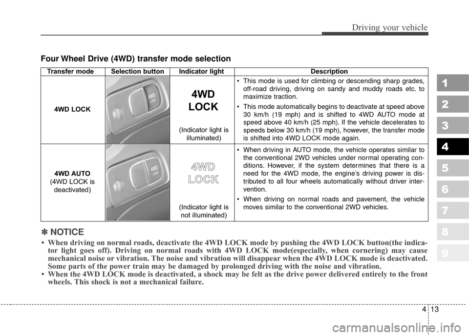 KIA Sportage 2010 SL / 3.G Owners Manual 413
Driving your vehicle
Four Wheel Drive (4WD) transfer mode selection
1
2
3
4
5
6
7
8
9
Transfer mode Selection button Indicator lightDescription
 This mode is used for climbing or descending sharp 